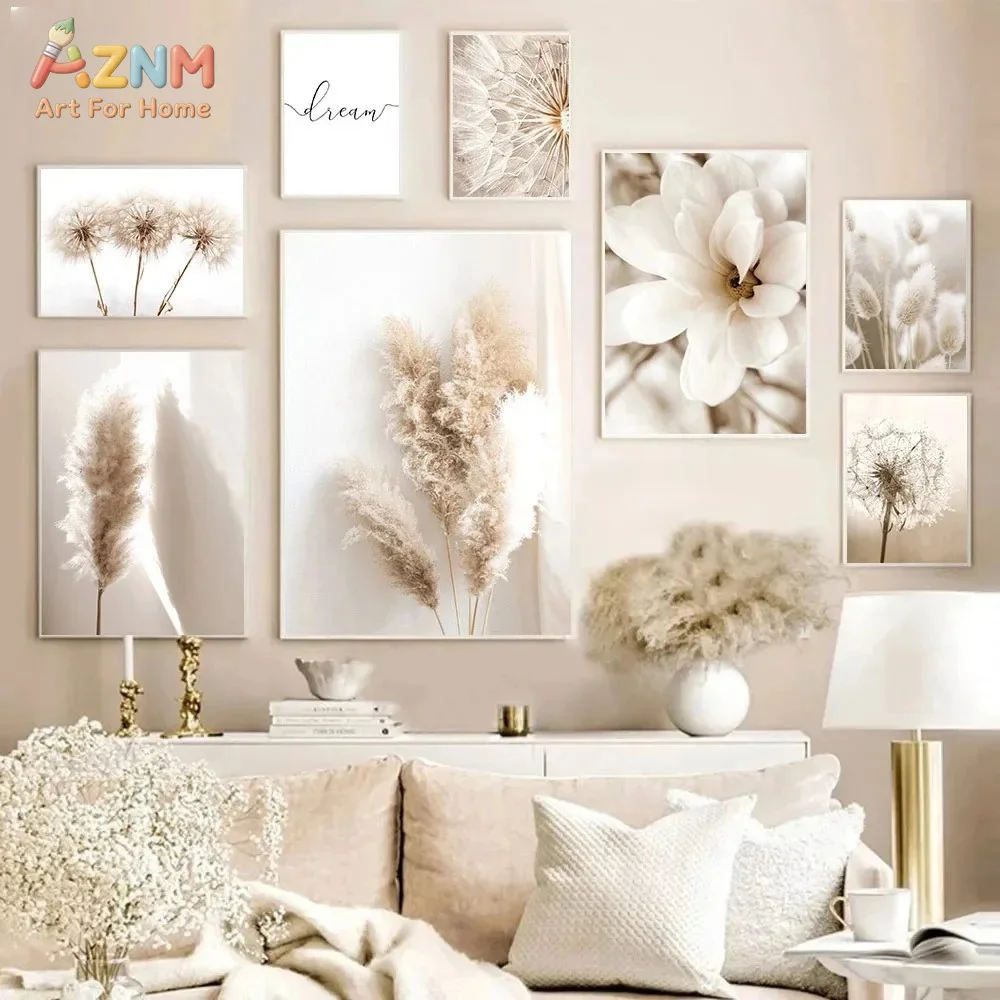AZNM Unframed Canvas Print Beige Pampas Grass Wall Art Dried Flower Botanical Boho Home Decor Poster