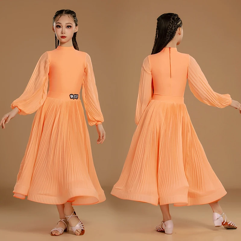 오렌지 볼룸 댄스 드레스 표준 성능 복장 랜턴 슬리브 레오타드 플리츠 스커트 소녀 왈츠 경쟁 드레스 3547