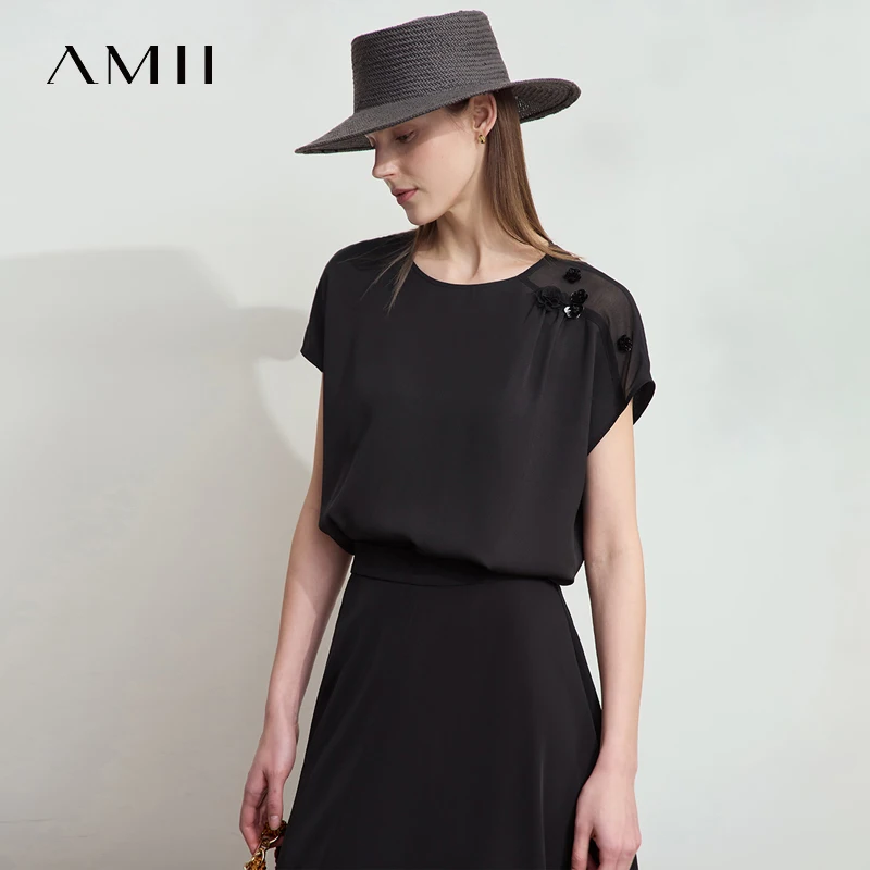 Amii Minimalist Chiffon Blouse for Women Summer New Solid Color O-Neck Elegant Tops Loose Short Sleeves Flower Blouse 12512026