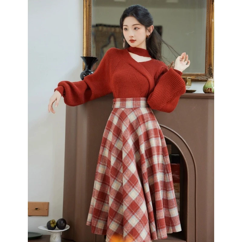 Autumn Winter Women Matching Sets Lucky Red Halter V-Neck Sweater Plaid Skirts Two Piece Suit England Style Vintage Slim Outfits