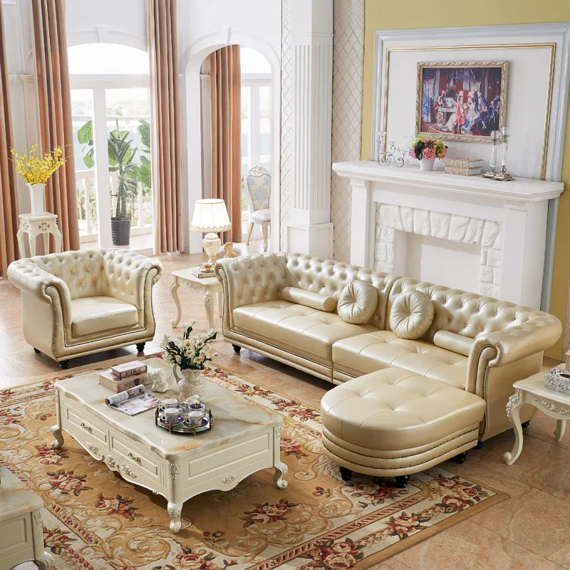 Leather sofa living room retro corner small apartment simple American rural first layer cowhide combination small apartment