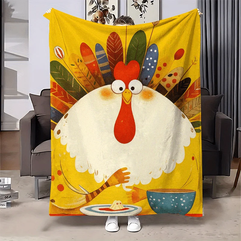 Cartoon Cute Turkey Color Feather Bright Yellow Print Blanket,Light Flannel Throw Couch Room,Thanksgiving Holiday Daily Blanket