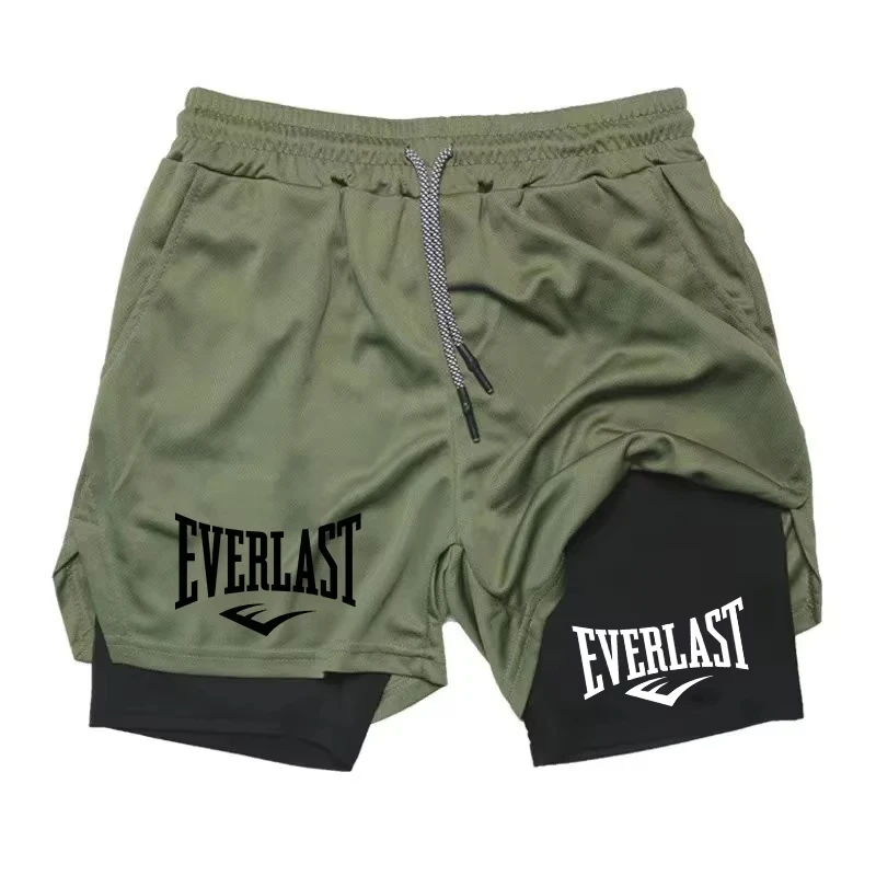 Men's Compression Sports Shorts Everlast Printed Sports Pants Double-Layer Quick-Dry Basketball Beach Muscle Fitness Pocket Towe