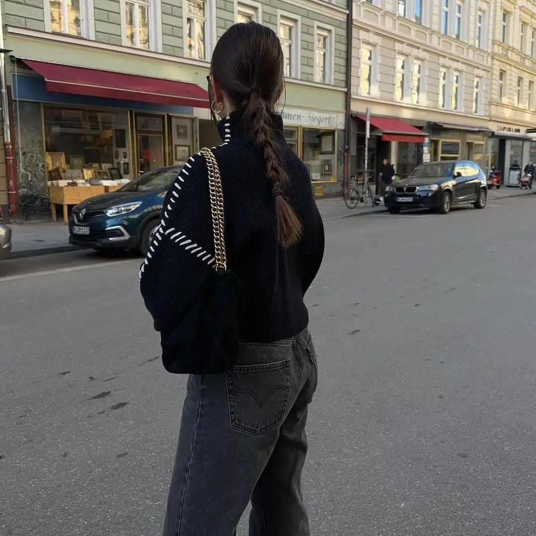 Patchwork Turtleneck Sweater Women Pullover Coat Loose Long Sleeve Streetwear Chic Warm Thick Jumper Korean Sweater Mujer