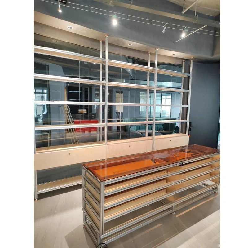 

Designer shop aluminum profile acrylic layer cabinet, birch marine panel display