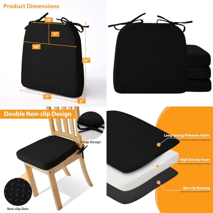 

Chair Cushions for Dining Chairs, 2" Thick Seat Cushions for Kitchen Chairs, D-Shaped Chair Pads with Washable Cover, Ties and