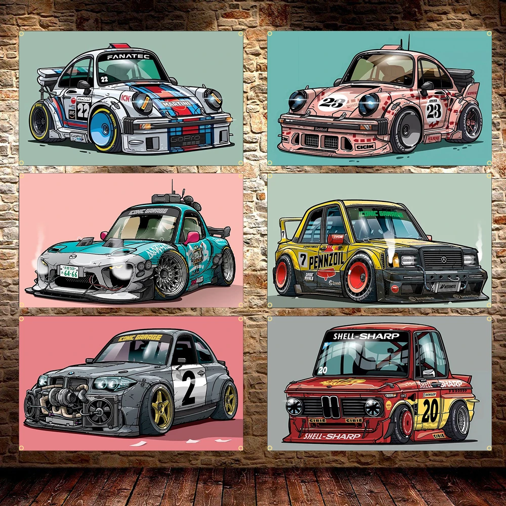 Cool Cartoon Car Flag Banner Polyester Printed JDM Car Poster 60x90cm 90x150cm Garage Decor for Auto Enthusiasts, Room Decor