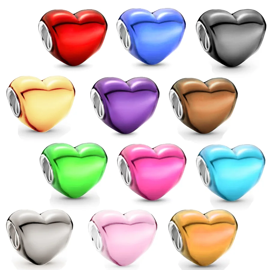 Hot Sale Metallic Pink Yellow Blue & Purple Heart Charm Bead Fit Original Women 925 Sterling Silver Bracelet DIY Jewelry Gift