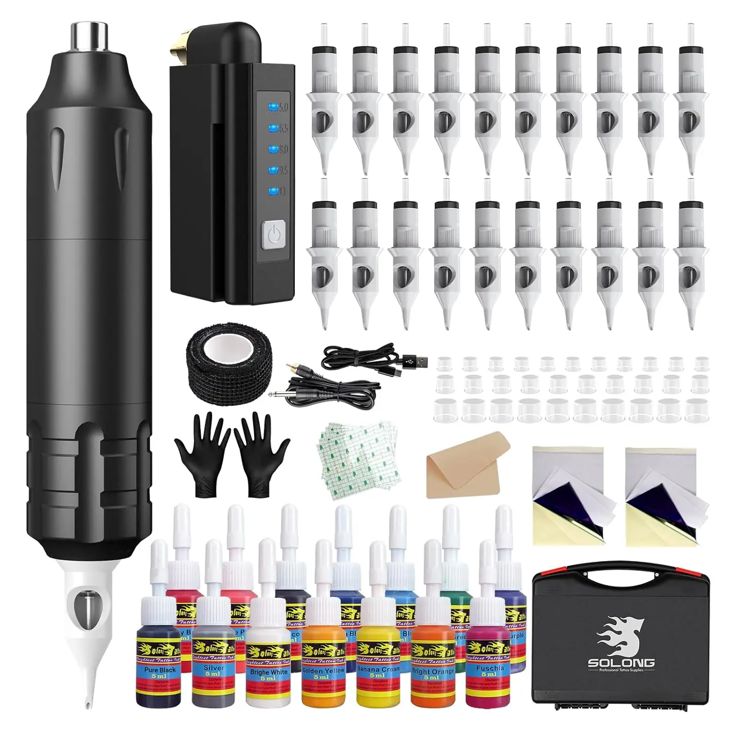 

Professional Tattoo Pen Kit with Rotary Gun, Wireless Battery, 20 Mixed Needles & Power Supply