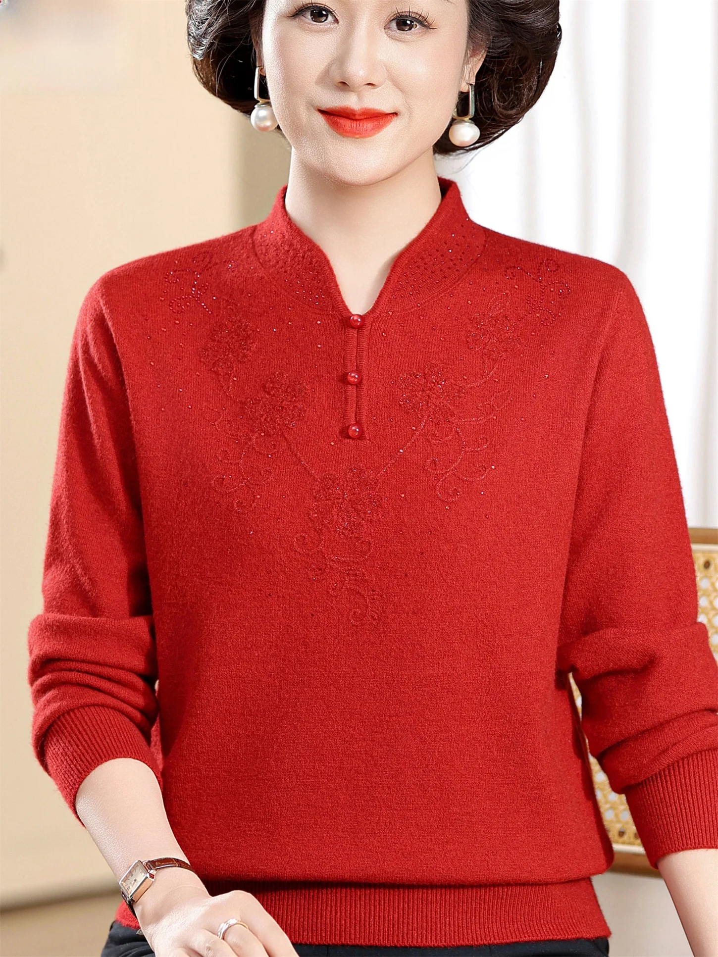 

Loose Woolen Base irt Autumn Faion pe Body Flag Robe Collar Red Top for Middle Aged And ly Women
