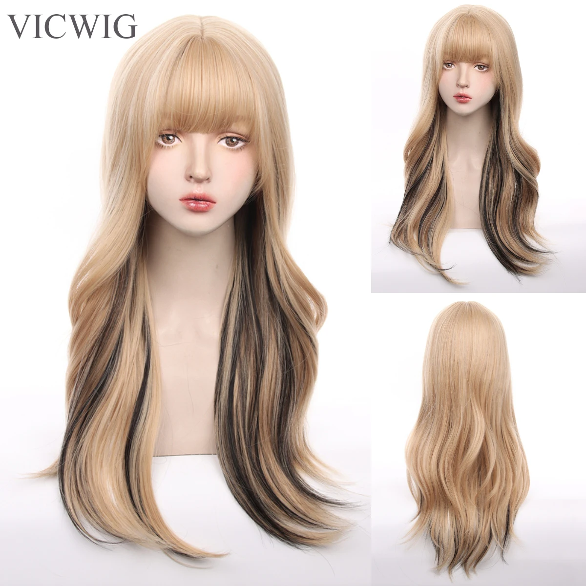 

VICWIG Synthetic Lolita Wigs For Women High Temperature Wire Cosplay Hair Long Wavy Wig With Bangs Gold Pink Color