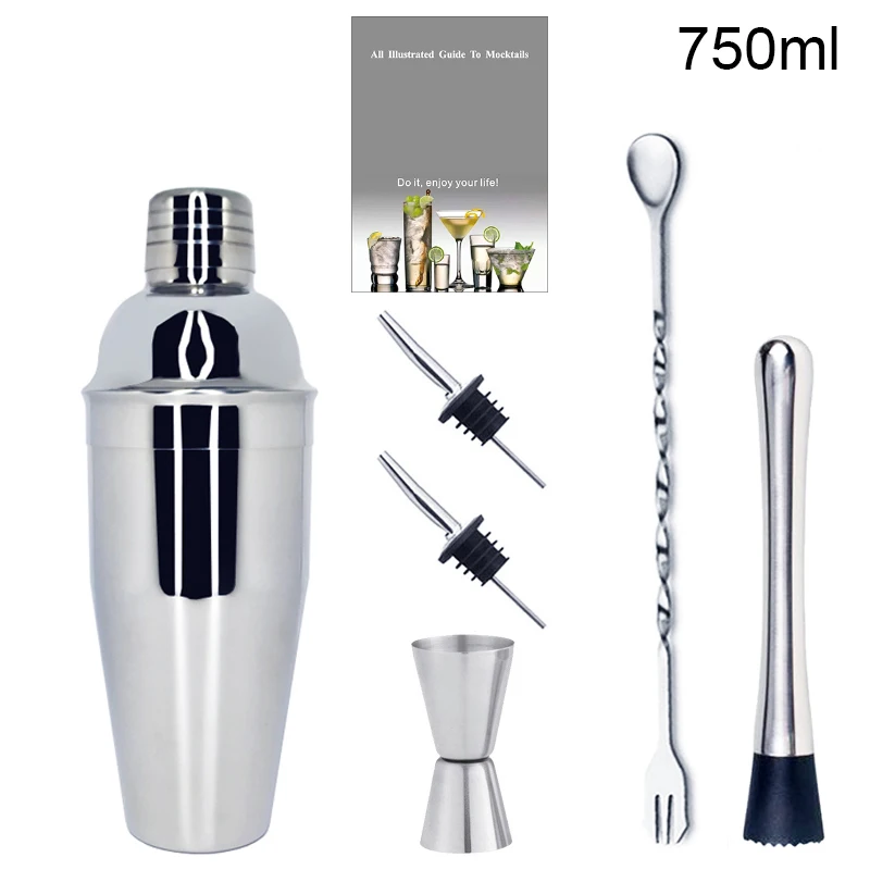 6-Piece Cocktail Shaker Set 750ml(25oz), Bartender Kit, Bartending Bar Sets with Recipes Booklet, Muddler, Jigger, 2 Pourers