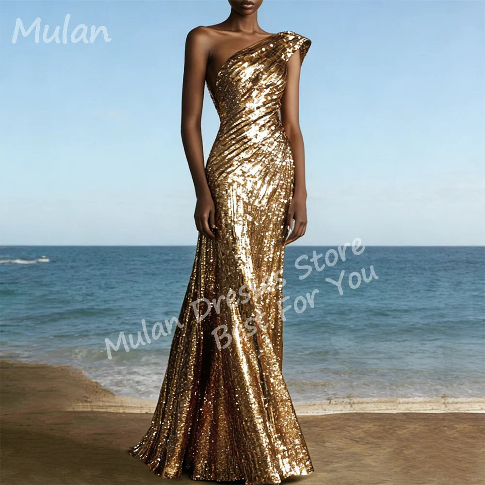 

Customized Sparkle Gold Long Evening Dresses for Women One-Shoulder Floor-length Party Prom Special Events Gala Gowns 2026