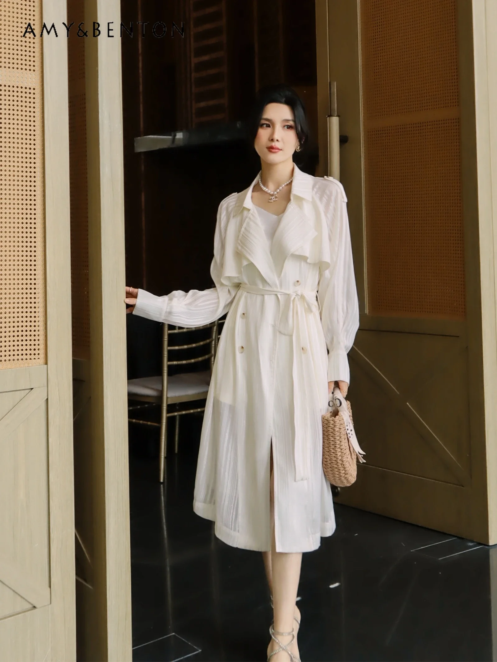 Premium Trench Coat Dress for Women Summer New Mid-length Chiffon Coats British Style Double-breasted Sunscreen Trench Coat Thin