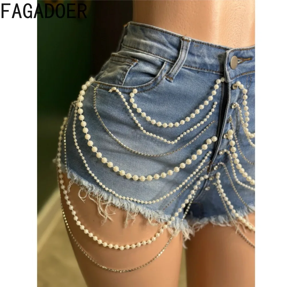 FAGADOER Sexy Denim Two Piece Set for Women Spaghetti Strap Pearls Patchwork Crop Top +  Shorts Suit Hot Girl Y2k Streetwear New