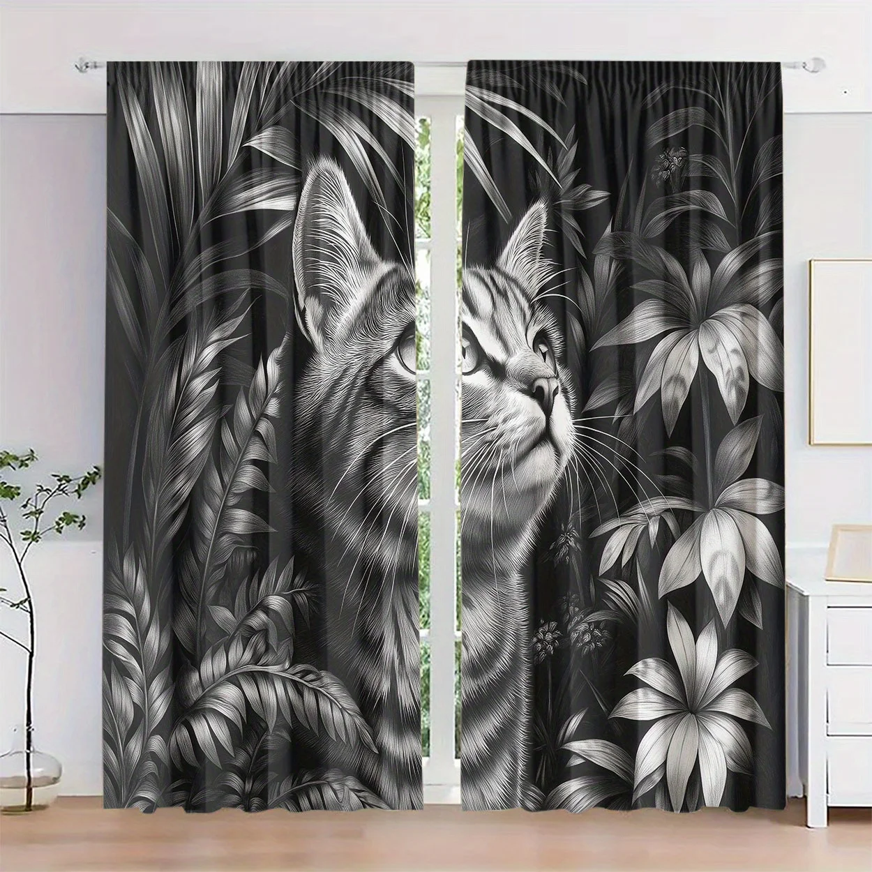 Luxurious Cat Jungle Monochrome Curtains Tropical Leaves Window Panels Bohemian Nursery Room Decor Privacy Curtains for Modern