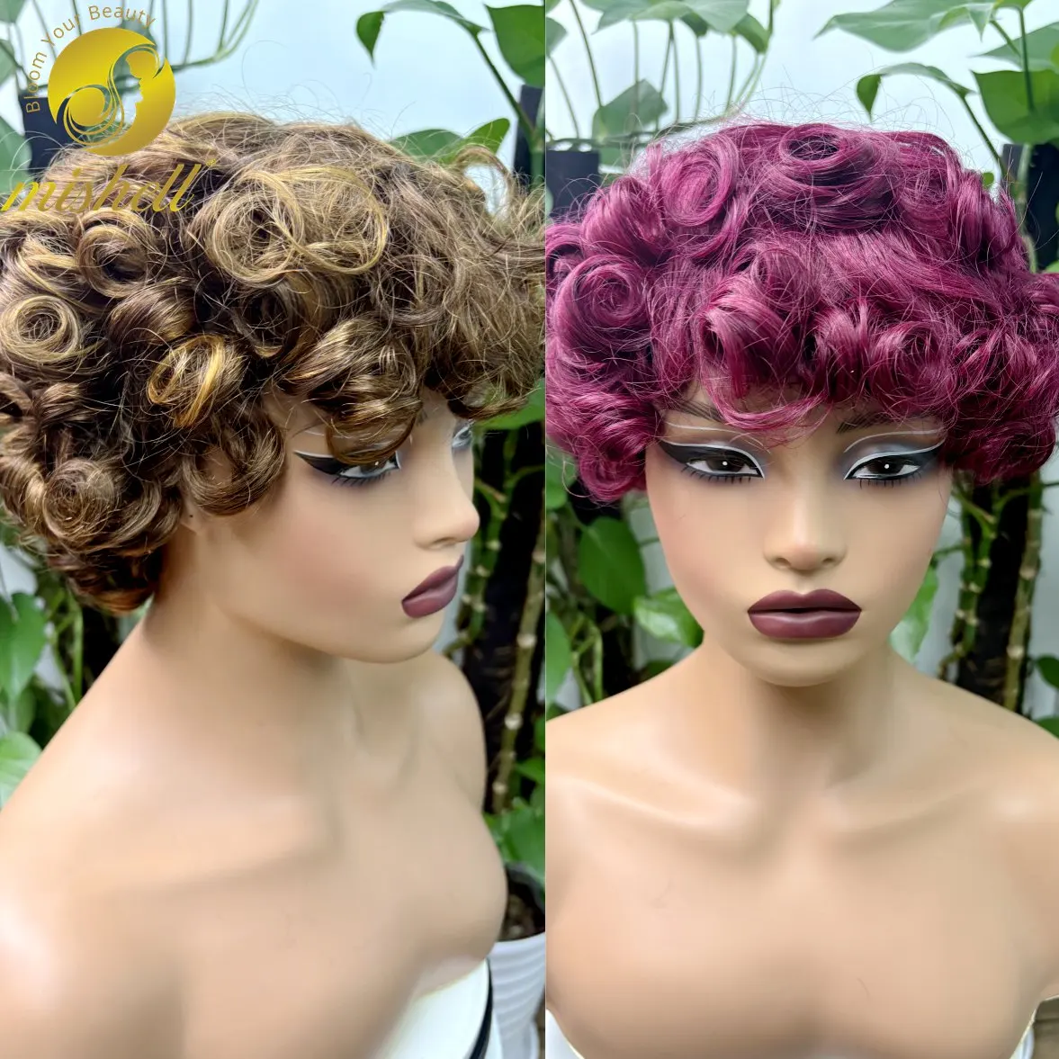 

200% Короткие надувные вьющиеся парики из натуральных волос с челкой Цветные полностью машинные парики Свободный волнистый парик Боб Парик из человеческих волос Бразильский Реми