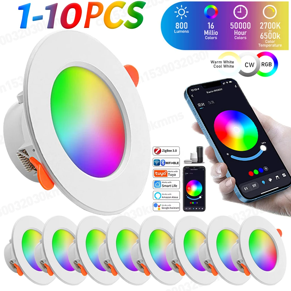 1-10PCS LED Downlight Dimmable AC85-265V 10W tuya Intelligent Graffiti Control Voice APP RGB CW Full Color Spot Ceiling Recessed