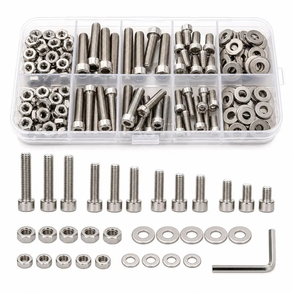 240pcs Stainless Steel Stainless Steel Bolt Set Socket Head Flat Washers Nut And Bolt Set Hex Wrench Included