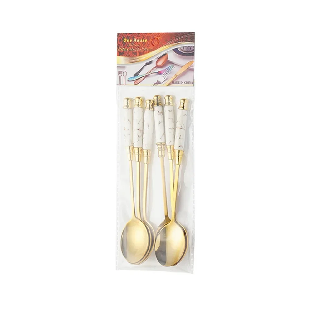 Ceramic Long Handle Stainless Steel Tea Spoon Golden Metal Coffee Mix Spoons Dessert Spoon 6Pcs/Set White Pink Green Black Color