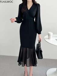 Chic Korean Clothes Design 2022 Womens Summer Date Girls Cute V Neck Elegant Lady Lace-Up Retro Vintage Ruffles Fishtail Dress