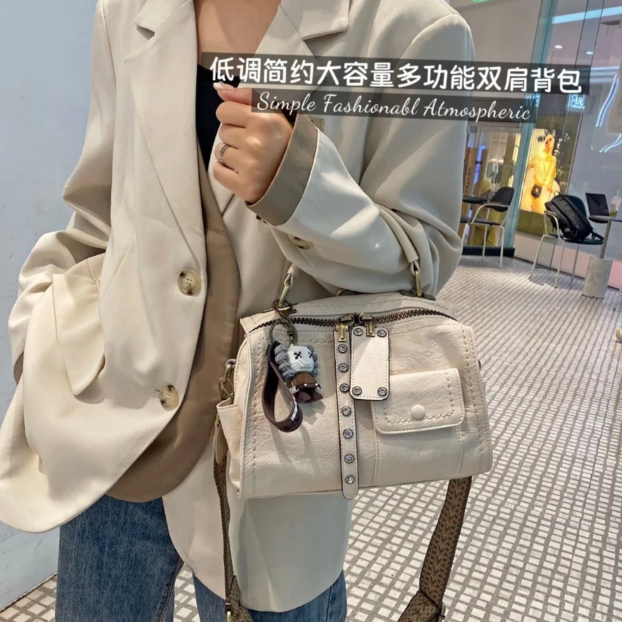 

【New Arrival】Retro Style Boston Crossbody Bag, Women's Multi-Pocket Top-Handle Satchel with Studded Detail & Adjustable Strap