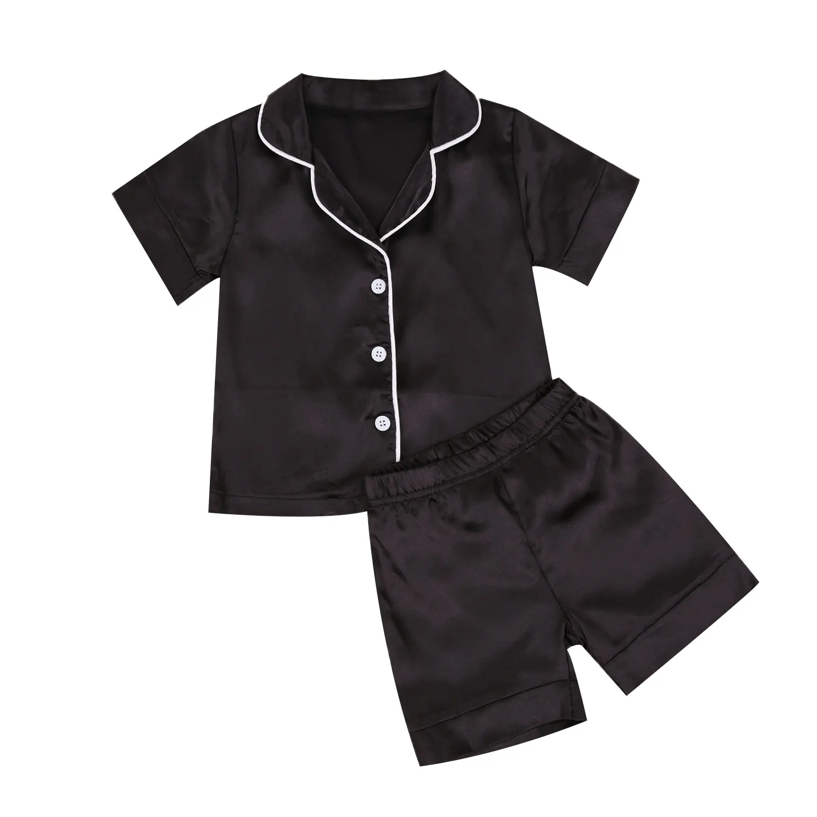 Toddler Baby Black Satin Pajamas Infant Boy Short Long Sleeve Short Long Pants Sleepwear Casual Button Two-pieces Set