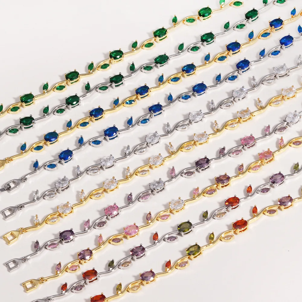 Tulip Flower Bracelet for Women 14K Gold Plated Stainless Steel with Colorful Zircon Stones Dainty Floral Jewelry Gift for Her