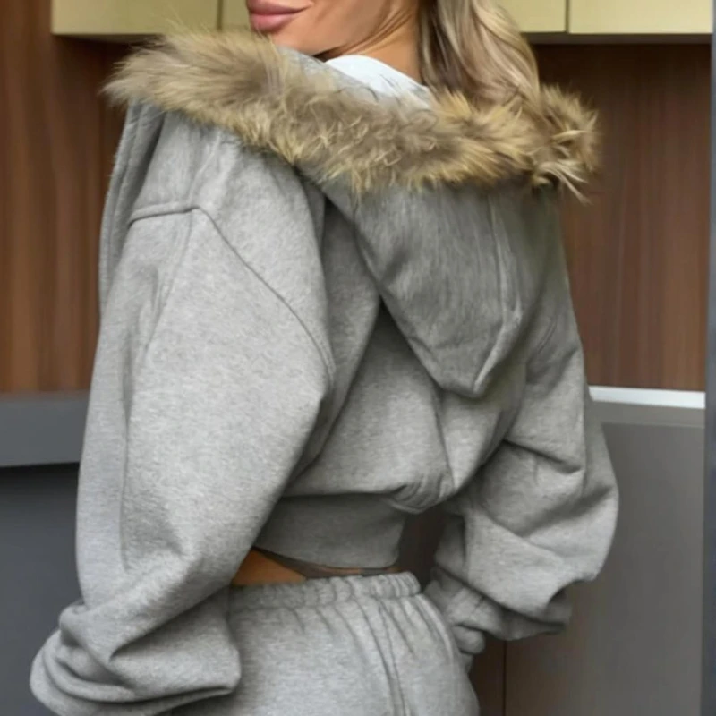 TARUXY Hot Girl Furry Hooded Sweatshirt Jacket Women Fashion Solid Zipper Long-Sleeved Leisure Splicing Street Coat Autumn New