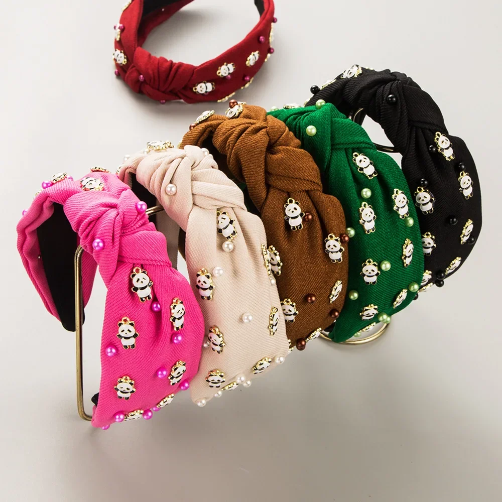 

Adorable Panda Emblem Knotted Headband Ribbed Texture Pearl Hair Hoop Cute Cartoon Animal Headpiece Playful Everyday Wear