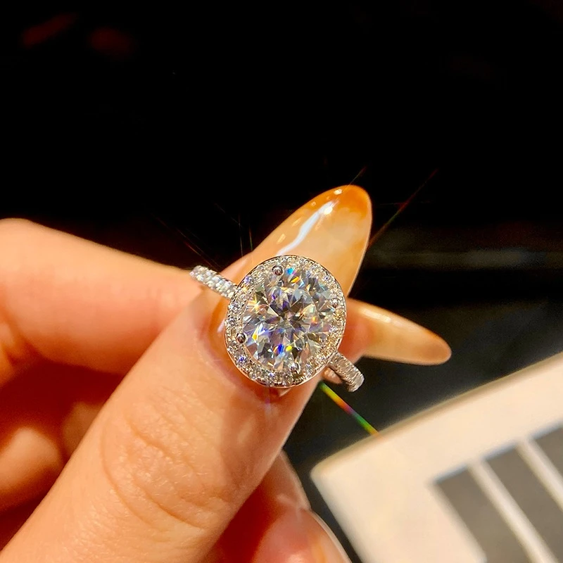 

KNB Роскошные 3 карата с большим муассатиновым бриллиантом, свадебные обручальные овальные кольца с ореолом для женщин, оригинальные ювелирные изделия из стерлингового серебра 925 пробы