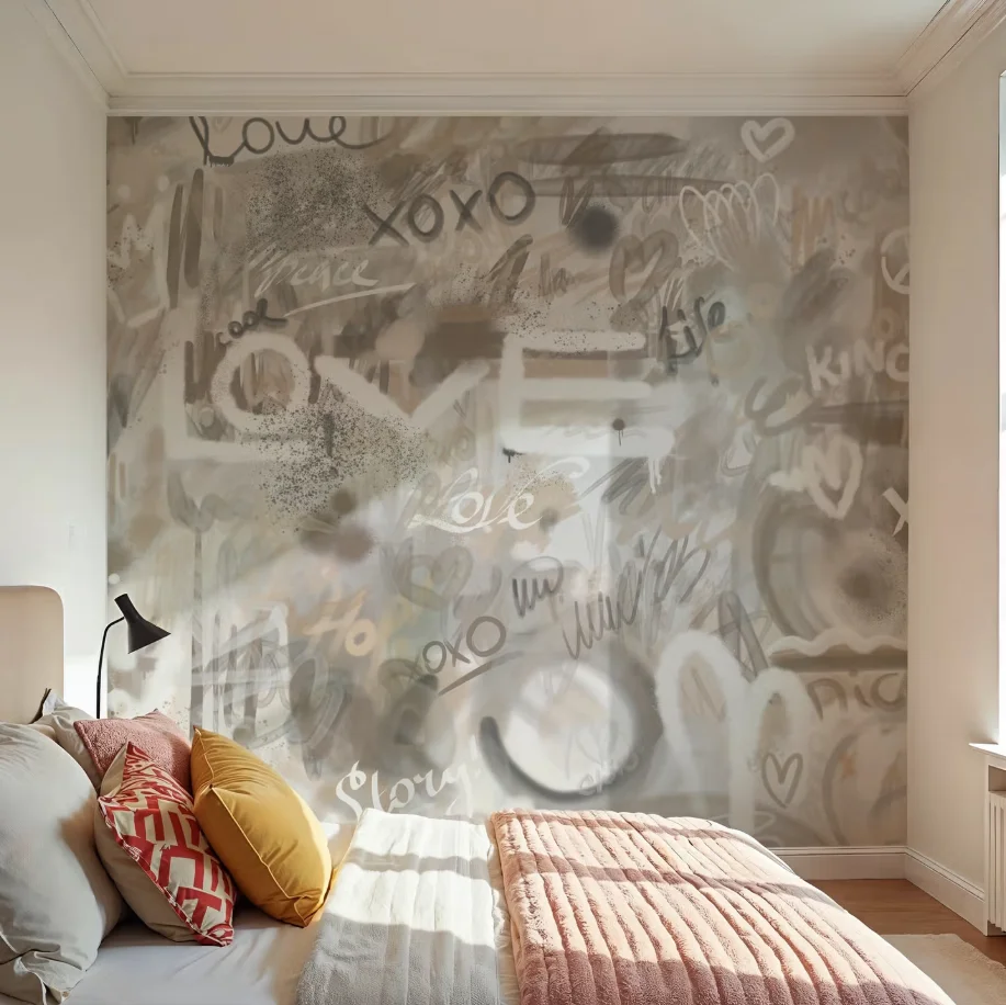 

Custom sized murals blend handwritten text with white, gray and beige graffiti wallpapers for individuality and street art mural