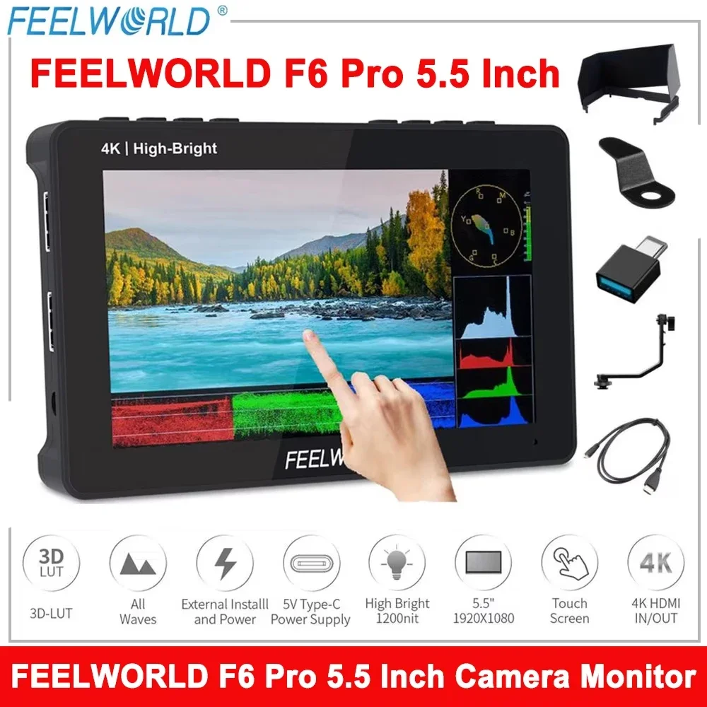 

FEELWORLD F6 Pro 5.5 Inch DSLR Touch Screen Camera Monitor 1600nits Ultra Bright 1920X1080 4K Input Output DC OUT Video Camera