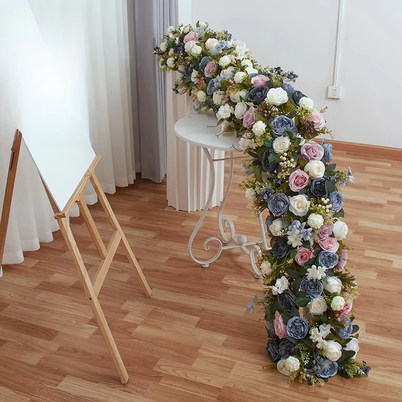 Floral europeo con fondo de boda hecho a mano, fila larga de flores artificiales, arco de flores decorativo, Día de San Valentín
