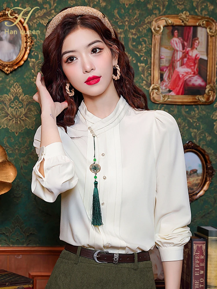 H Han Queen Elegant Blouse 2024 Autumn Chinese Style Chiffon Simple Blouse Loose Tops Long Sleeve Casual Shirt Womans Clothing