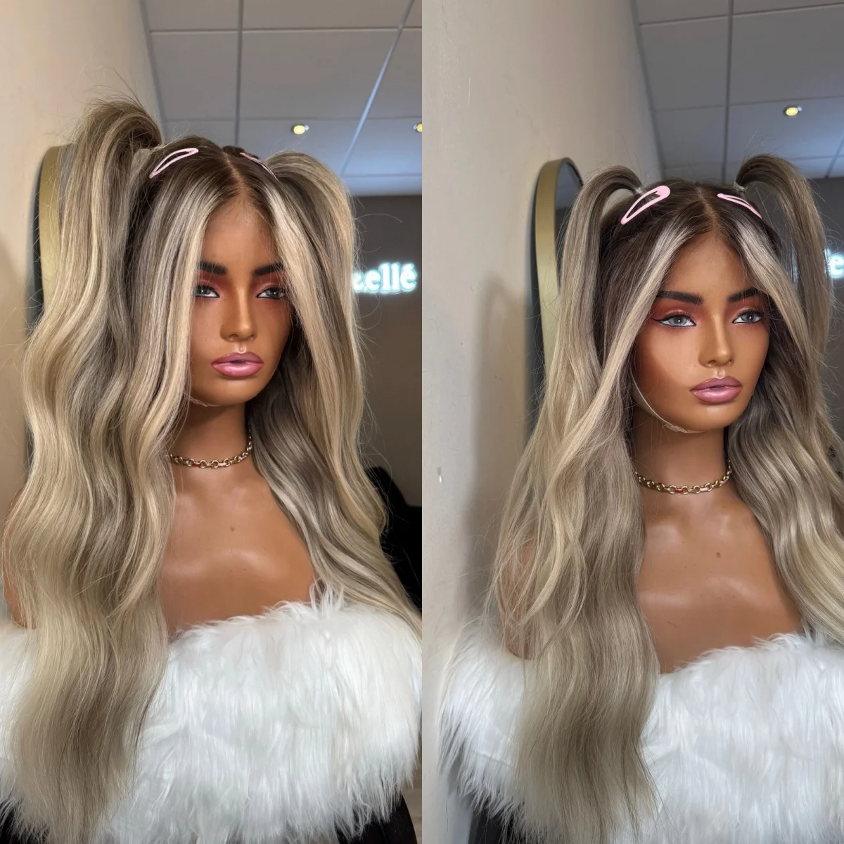 

28 Inch Long Wave Wig 13x4 Ombre Ash Blonde Synthetic Lace Front Wig Natural Wave Wig Preplucked Hairline Brunette Fibre Female