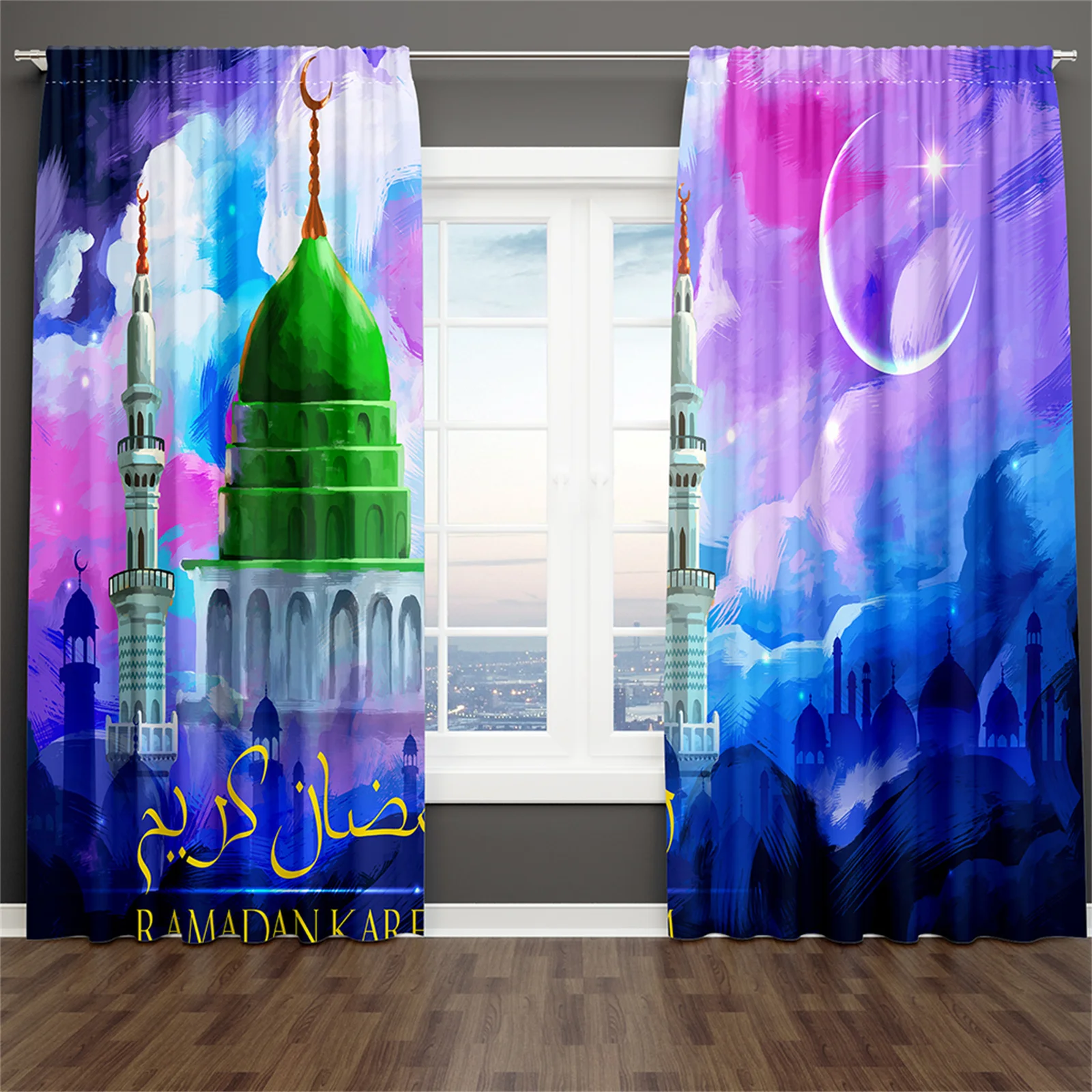 

Luxury Retro Buildings for Ramadan Mubarak Lslam 2 Pieces Shading Window Curtain for Living Room Bedroom Decor Hook Free Shiping