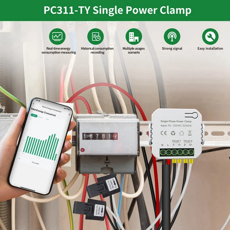 N91R-Tuya Smart Wifi Energy Meter+Current Transformer Clamp 90- 250V Kwh Power Monitor Electricity Statistics