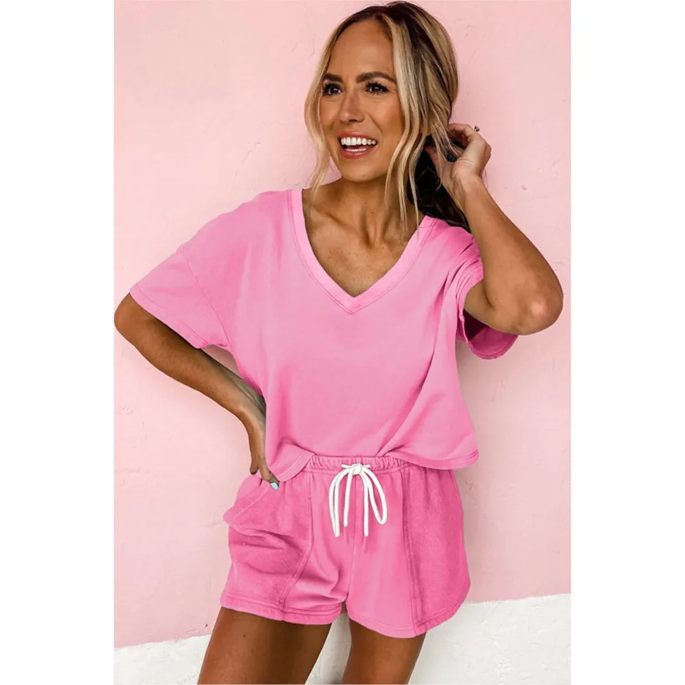 Verão nova cor sólida de manga curta t camisa shorts feminino 2 peça conjunto moda versátil solto e lisonjeiro shorts esportivos feminino