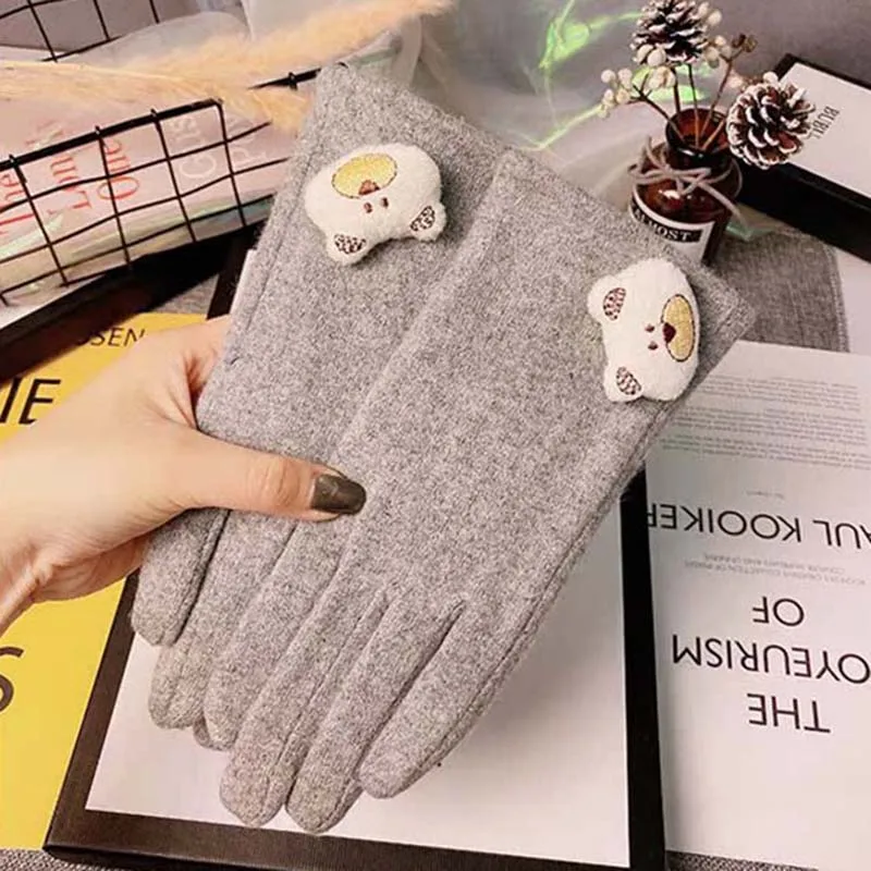 

Autumn Winter Wool Double Layer Thicken Touch Screen Gloves For Women's Plus Velvet Cute Cat Coldproof Driving Cashmere Mittens