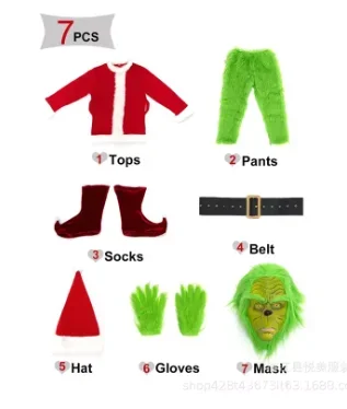 Adult Santa Claus Cosplay Costume Set Christmas Party Prom Role-playing Game Halloween Costume Gloves Mask Green Furry Suit