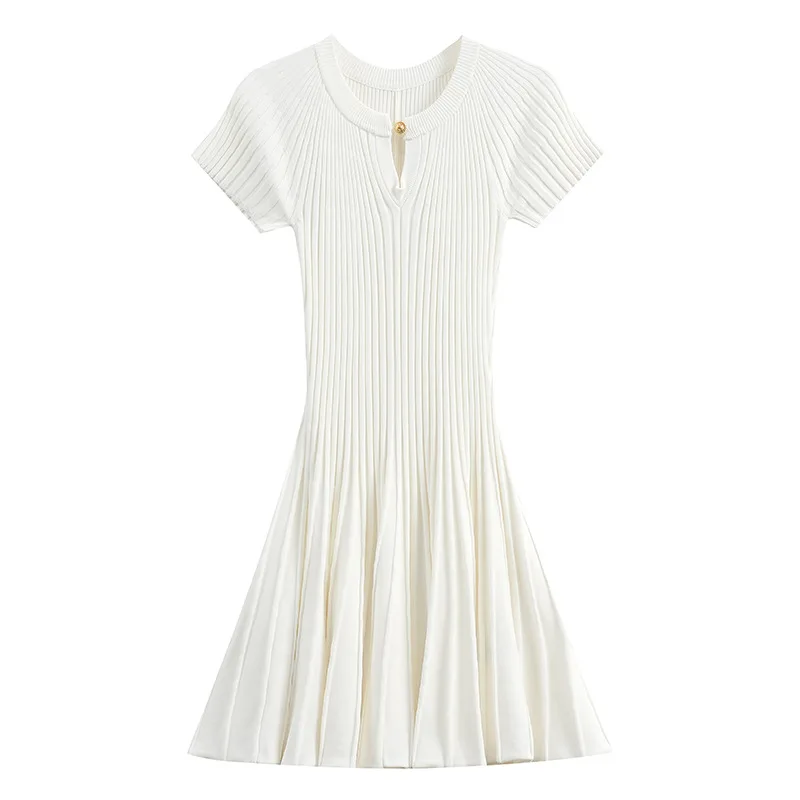 Women High Quality Round Neck Openwork Short Sleeve Knit Pleated Dress Black White Red Simple Sweet French Lady Short Dress