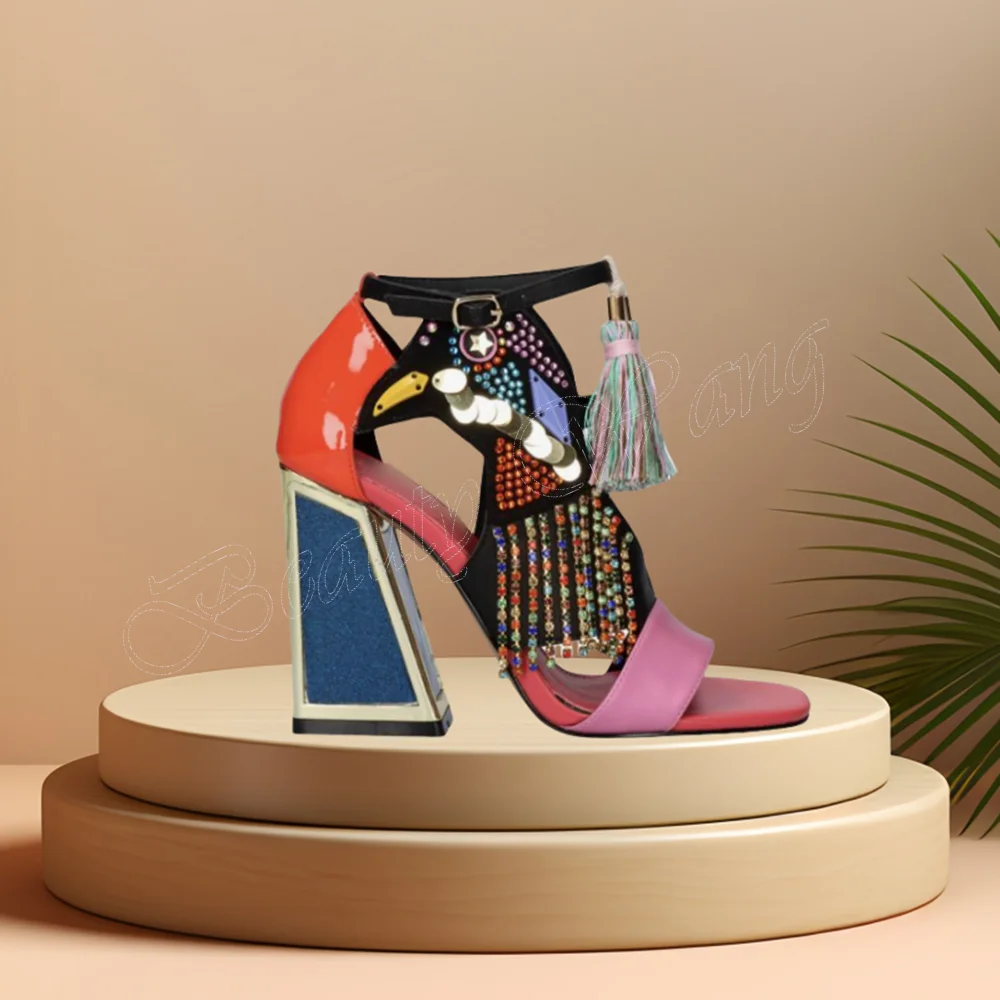 Moraima Snc Mixed Color Strange Style Sandals Open Toe Square Heel Shoes for Women High Heels Wedding Shoes Zapatillas Mujer