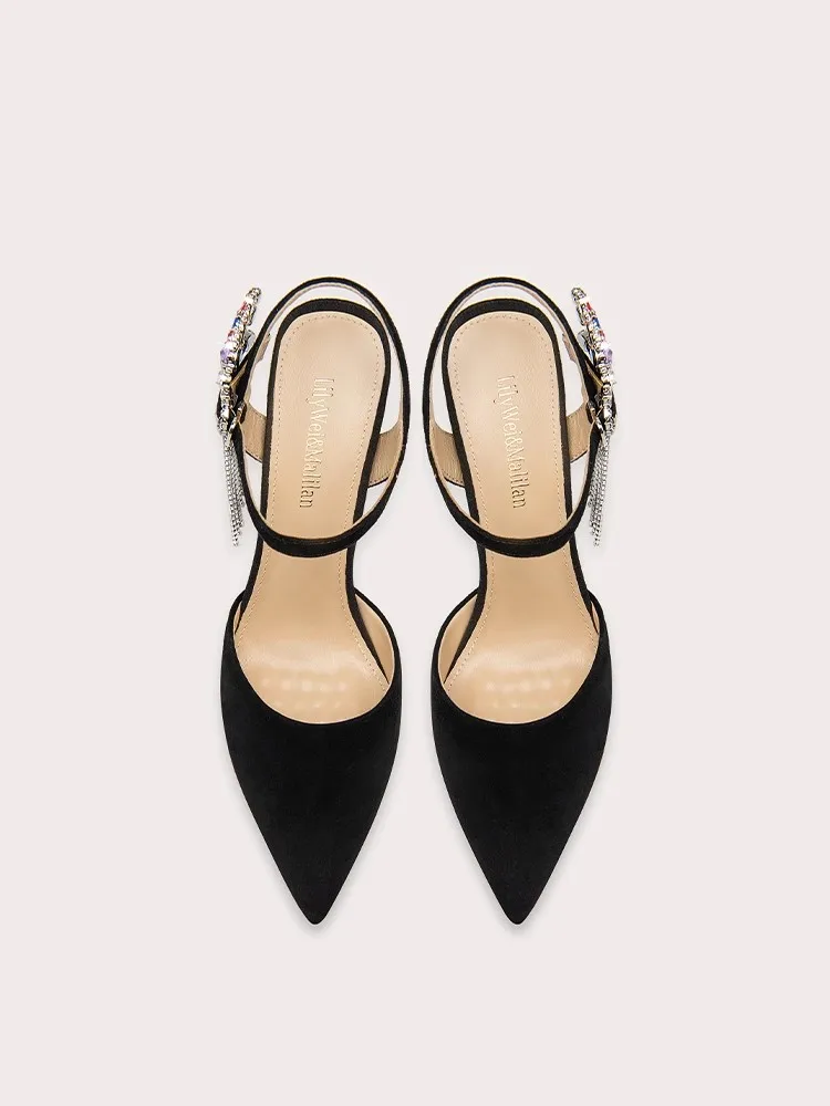 Thin high-heeled sandals summer new pointed suede color rhinestone tassel single shoes banquet large size small size women shoes view 5