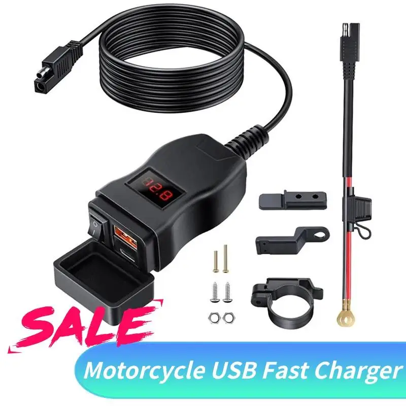 Motocicleta USB tipo C carregador rápido com porta USB C, conector do soquete, voltímetro digital LED para bicicleta, carregador de celular