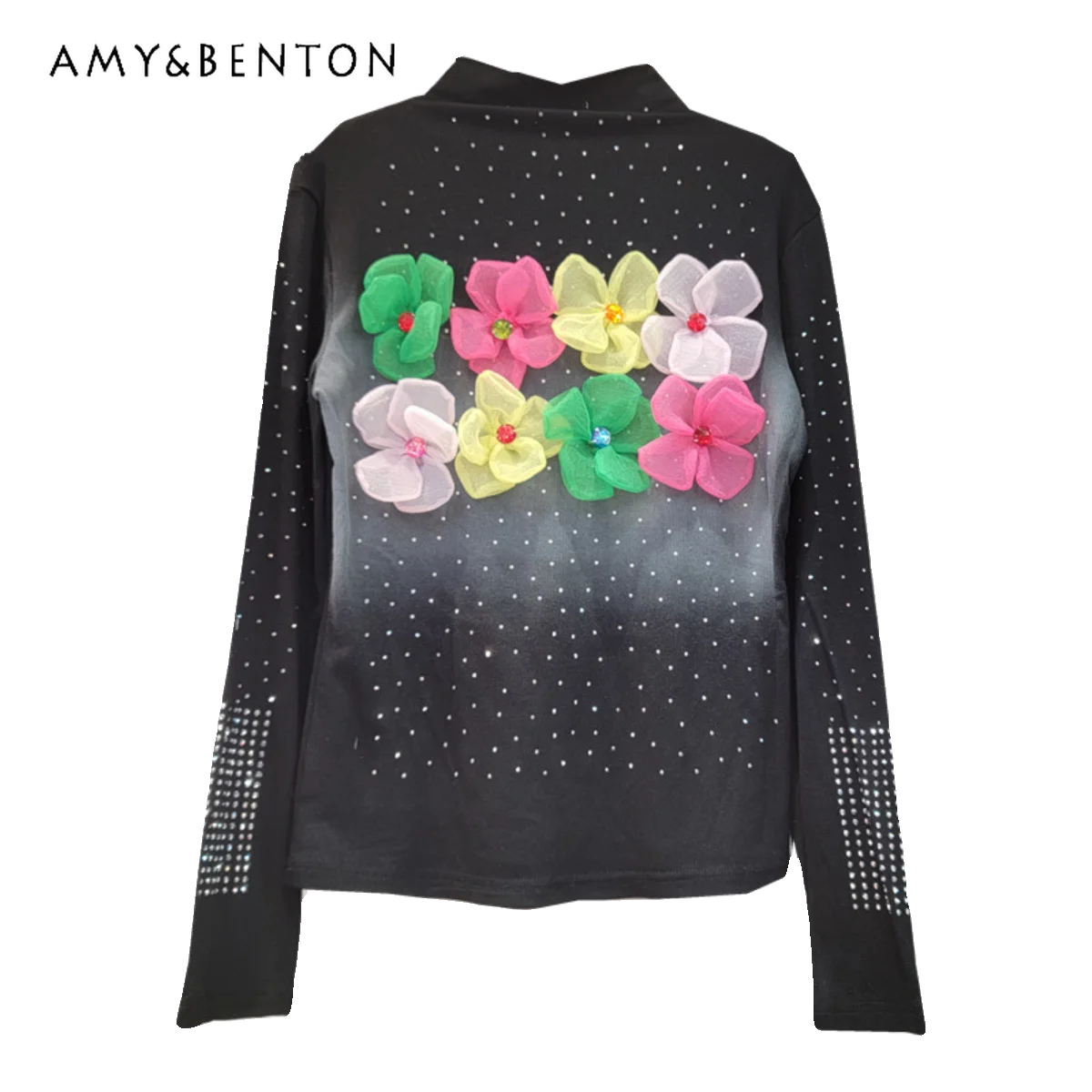 

Diamond Drills Tie-Dyed Three-Dimensional Flower Bottoming Shirt Women's Clothes Top Slim Fit Black Shirt Outer Wear Kawaii Tees