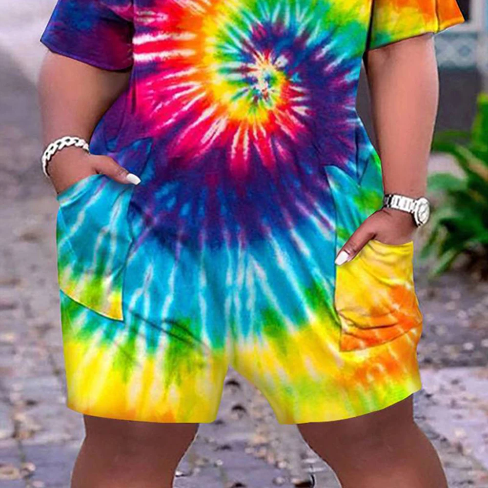 Plus Size mehrfarbige tägliche lässige Tie-Dye-Print V-Ausschnitt Kurzarm mit zwei Taschen Regenbogen Stram pler