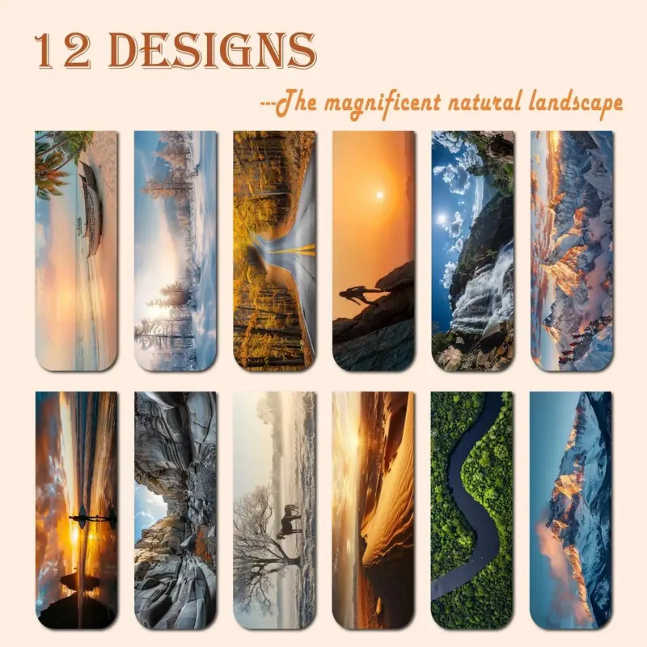 12pcs Magnetic Bookmarks with Inspirational Landscape Outdoor Designs, Assorted Magnet Page Markers for Book Lovers, Students &