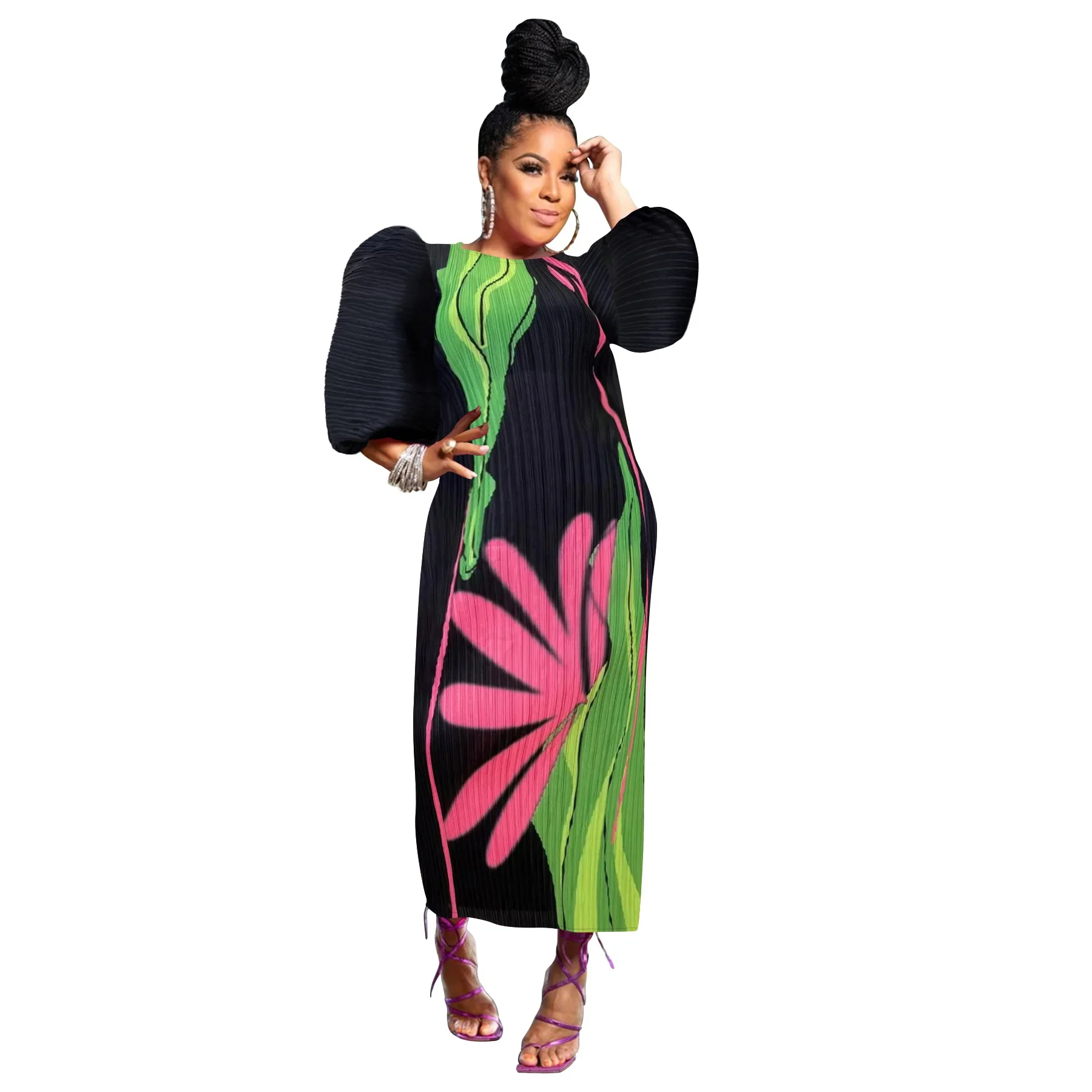 Elegant Women Pleated Half Lantern Sleeve O-neck Slim Maxi Long Dress Print Fashion Autumn 2026 Ruched Dresses Vestidos