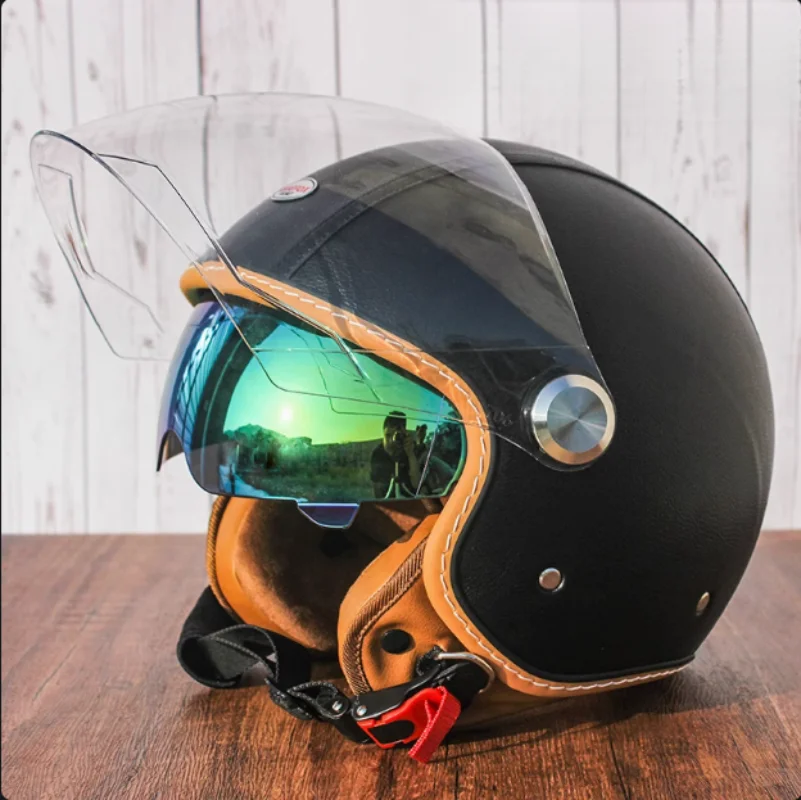 

Men's Black Leather Helmet Inner Visor Fashion Open Face Design Soft Lining Quick-Change Visor System Safety Packaging